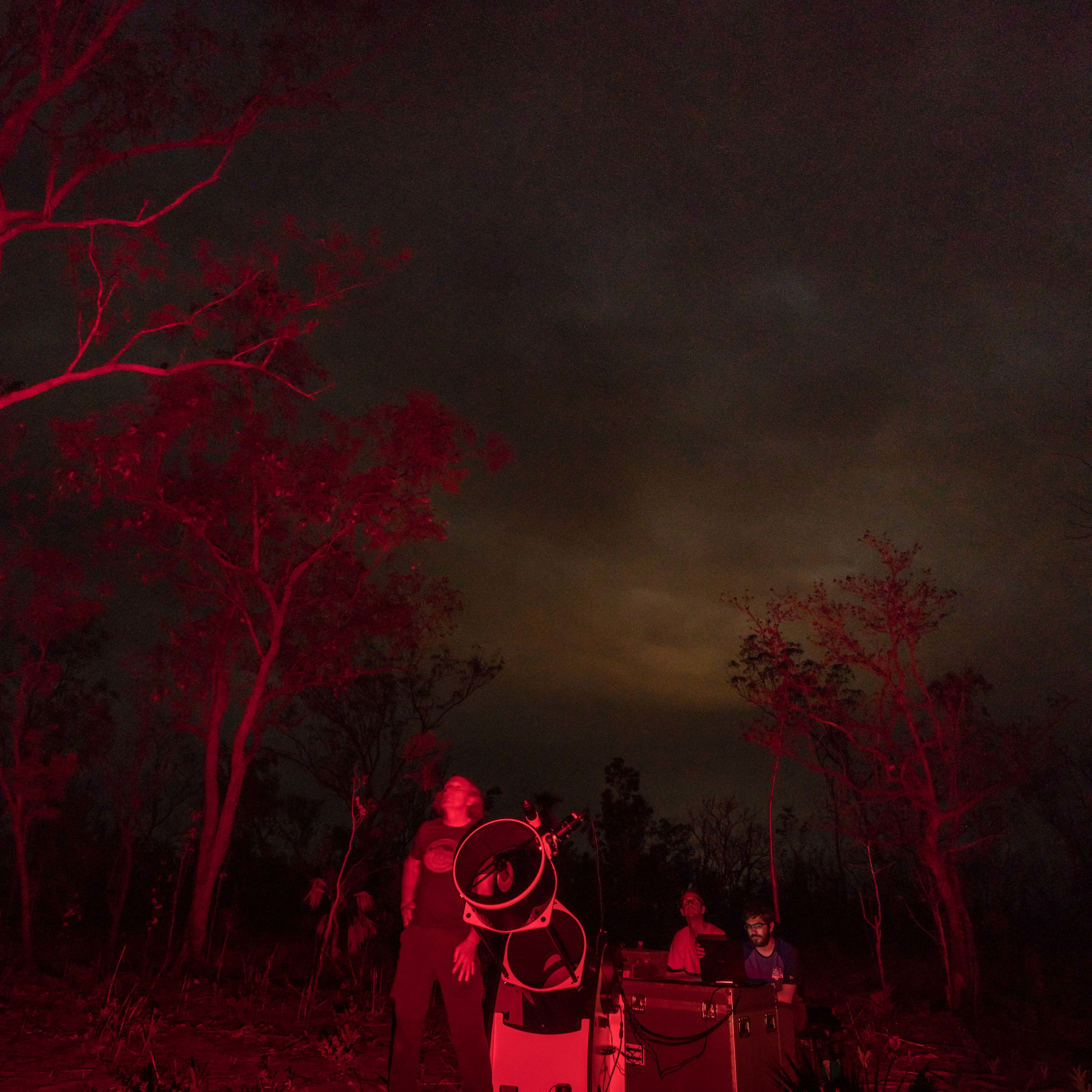 Jack Jewell, Jeff Regester, and David Vestal get out the telescope to do a dress rehearsal of the Orus Occultation.