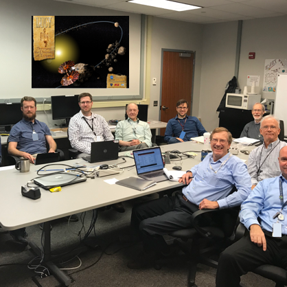 L’LORRI team (from left to right Shaughn London, Shaun Begley, John Wilson, Hugo Darlington, Ryan Hacal, Hal Weaver, Graham Murphy, Steve Conrad, Jim Burgum, Howard Taylor, during the weekly status meeting at APL