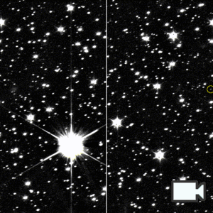 Two pictures of a far away Dinkinesh are played by two identical gifs side by side separated by a white line in the middle. Many white points take up the images, with only one small white dot moving along the center of the image between the dates 09/03/2023 12:08 UT and 09/05/2023 6:08 UT listed in the upper right corner. The right gif has a yellow circle around the moving white dot, while the left gif is blank.