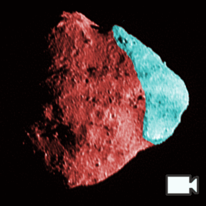 Dinkinesh, a diamond-shaped asteroid, is initially colored red. A blue section of the asteroid's right side is highlighted then cuts into the rest of the asteroid. It is lit from the right side.