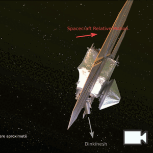 An animation approximating the expected motion of the NASA Lucy spacecraft and its Instrument Pointing Platform (IPP) during its encounter with the asteroid Dinkinesh. The spacecraft does flipping motion and time passes (as indicated in the bottom right corner). The yellow (Sun, upper right corner, pointed up), blue (Earth, upper right corner, pointed up), and grey (on spacecraft, always pointed towards Dinkinesh) arrows indicate the directions of the Sun, Earth, and Dinkinesh, respectively. The red arrow (upper center, pointed right) indicates the direction of motion of the spacecraft with respect to Dinkinesh. The text ''All times and motions are aproximate'' is in the lower left corner.