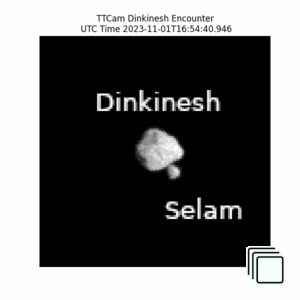Dinkinesh, a diamond-shaped asteroid in the center, and Selam, a smaller asteroid of two connected rocks on the left, approach, pass across, then depart away from the camera. As they approach, they are labeled with their names, the shape of both asteroids get clearer, and the lighting is harsh from the right.  As the camera passes across them, Selam moves behind Dinkinesh to the right of it. As they depart, the binary shape of Selam (two connected rocks separated by a black line) is clear. The images are pixelated. Above the movie, there is the text ''TTCam Dinkinesh Encounter'' and the UTC Time of the counter.