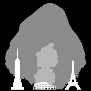 Dinkinesh (the dark grey diamond shape) and Selam (the light grey two connected rocks shape) stand behind the Empire State Building, the Colosseum, and the Eiffel Tower (left to right respectively, in the foreground, and all white).