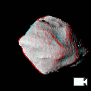 Red and blue versions of Dinkinesh (diamond-shaped asteroid) layered on top of images of it rotating right to left. The red or blue take over the whole object when the motion is fast.