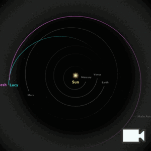 A top-down motion view of the inner solar system, with planets shown in gray, Lucy in teal, and Dinkinesh in pink. The main asteroid belt is labeled and highlighted with a thick transparent white band. The passage of time Month Day Year is in the bottom left corner.