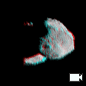 Red and blue versions of Selam (two connected rocks) layered on top of images of it rotating left to right. One of its nodes is moving behind to foreground rock. It is lit from the right with harsh shadows.