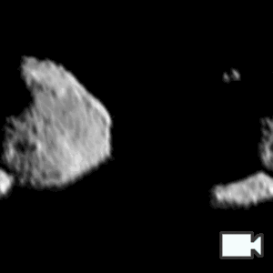 Two almost identical gifs of Dinkinesh (diamond-shaped asteroid) side by side. It is rotating right to left. It is lit from the right, then straight on, then from the left. 