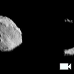 Two almost identical gifs of Dinkinesh (diamond-shaped asteroid) side by side. It is rotating right to left. It is lit from the right, then straight on, then from the left. 